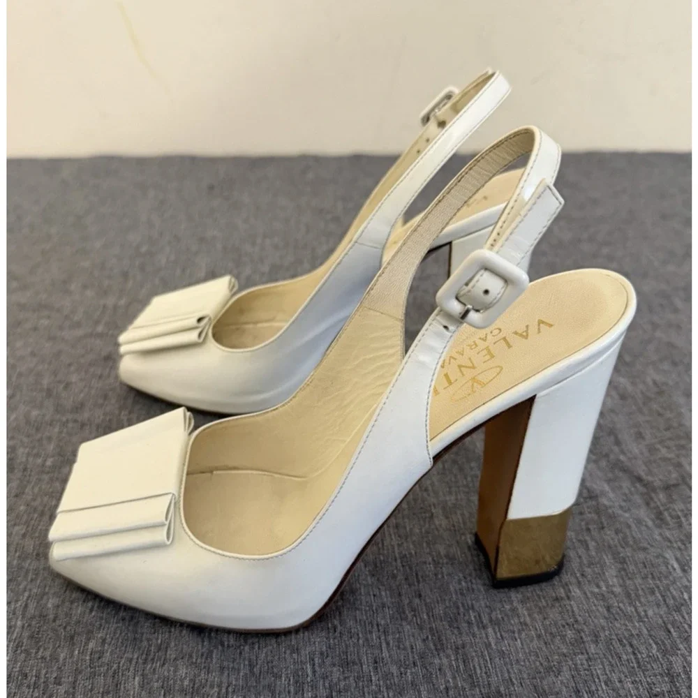 Valentino Garavani Slingback Heel Open Toe Bow Top Gold Block Heel 38 1/2